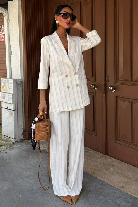 Stripped Linen Suit with Blazer Jacket